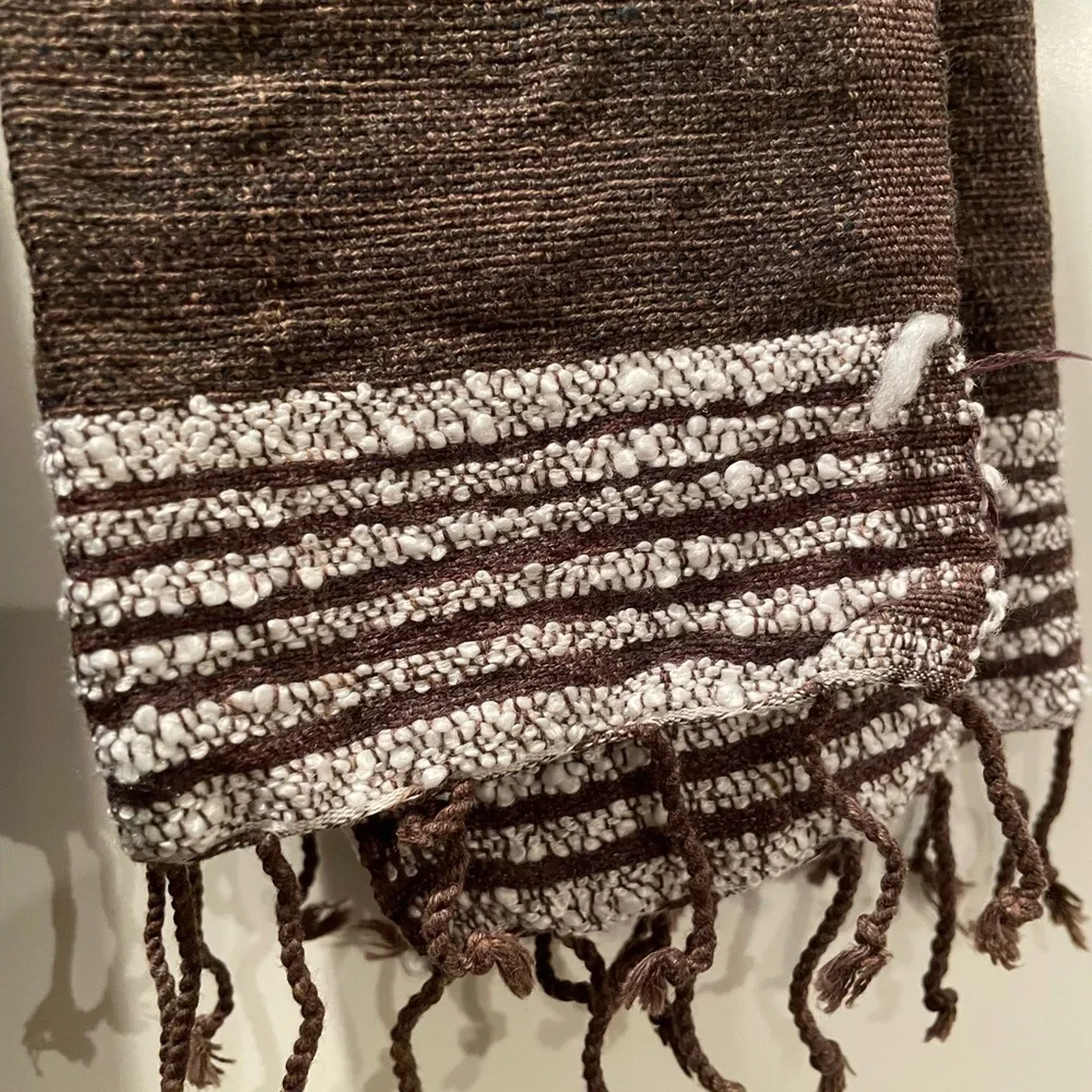 Scarf: Linen Cotton Soft Blend Brown/White Trim & Fringe (54” x 23 w)